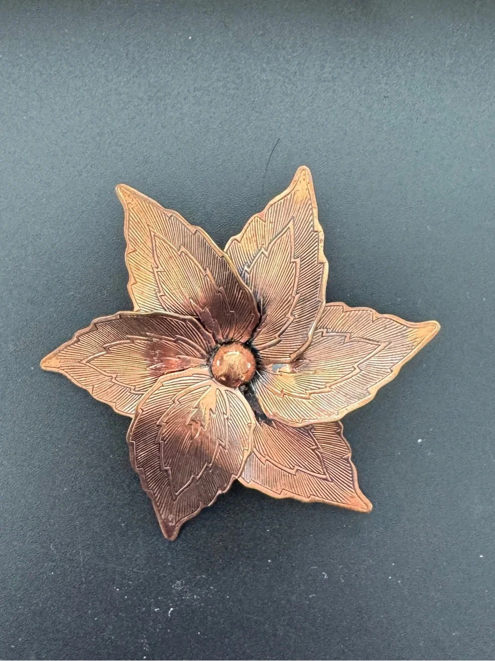 Vintage‎ Mid Century Etched Copper Flower Star Leaf Brooch 50s Pin